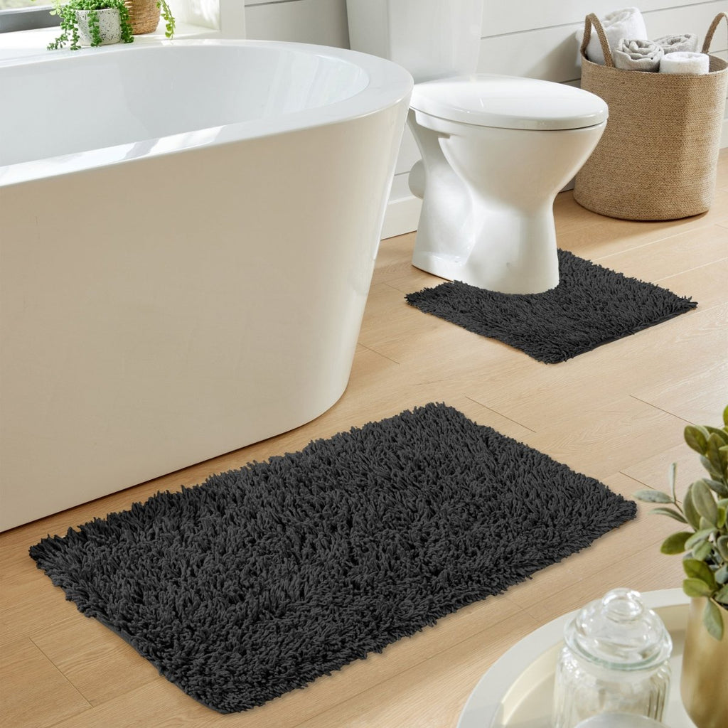 OLIVIA ROCCO Como 2 Piece Black Bath Mat And Pedestal Set Non Slip 100% Cotton Super Soft Easy - Care Home Essential - Joe’s Haven
