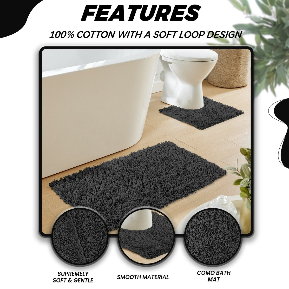 OLIVIA ROCCO Como 2 Piece Black Bath Mat And Pedestal Set Non Slip 100% Cotton Super Soft Easy - Care Home Essential - Joe’s Haven