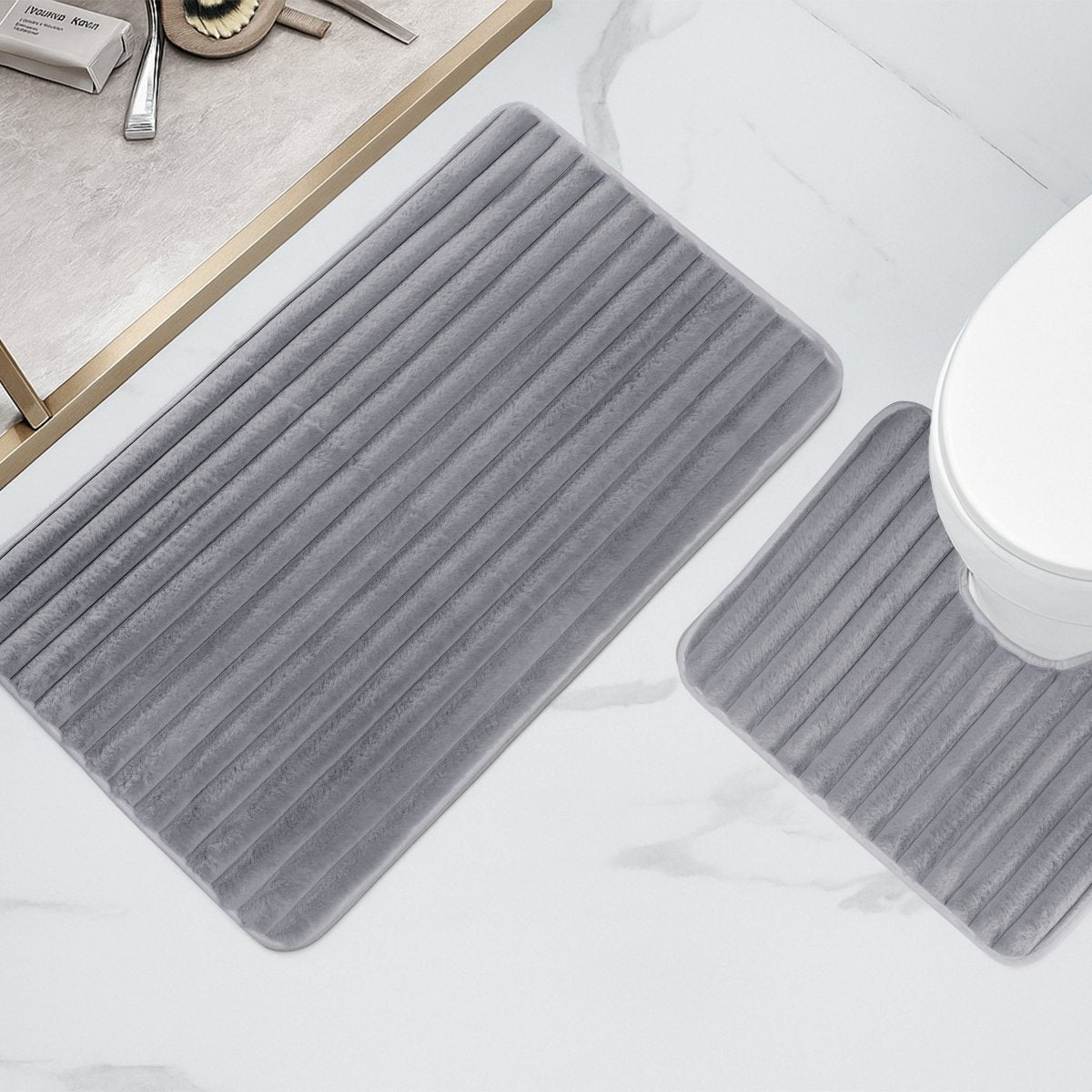 OLIVIA ROCCO 2 Piece Ribbed Bath Mat Set Charcoal Extra Soft Non Slip Super Absorbent - Joe’s Haven