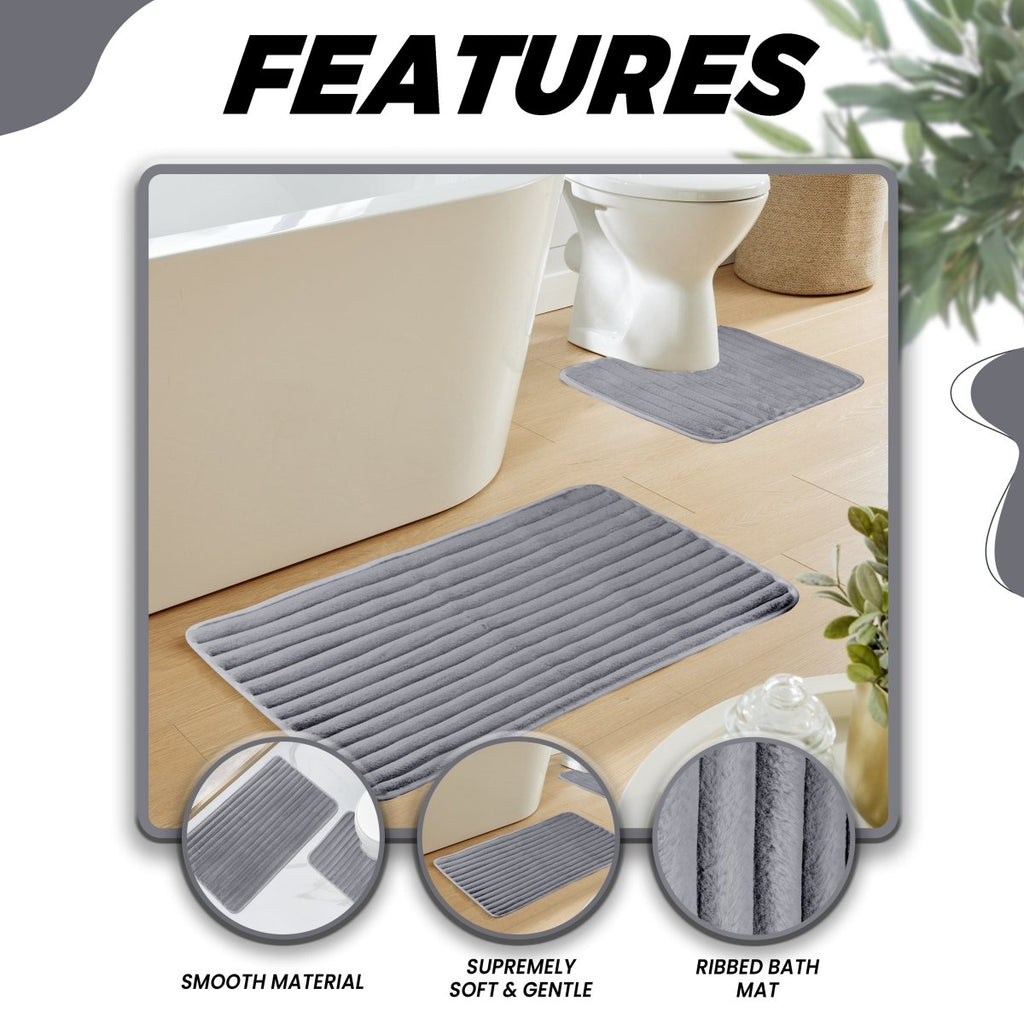OLIVIA ROCCO 2 Piece Ribbed Bath Mat Set Charcoal Extra Soft Non Slip Super Absorbent - Joe’s Haven