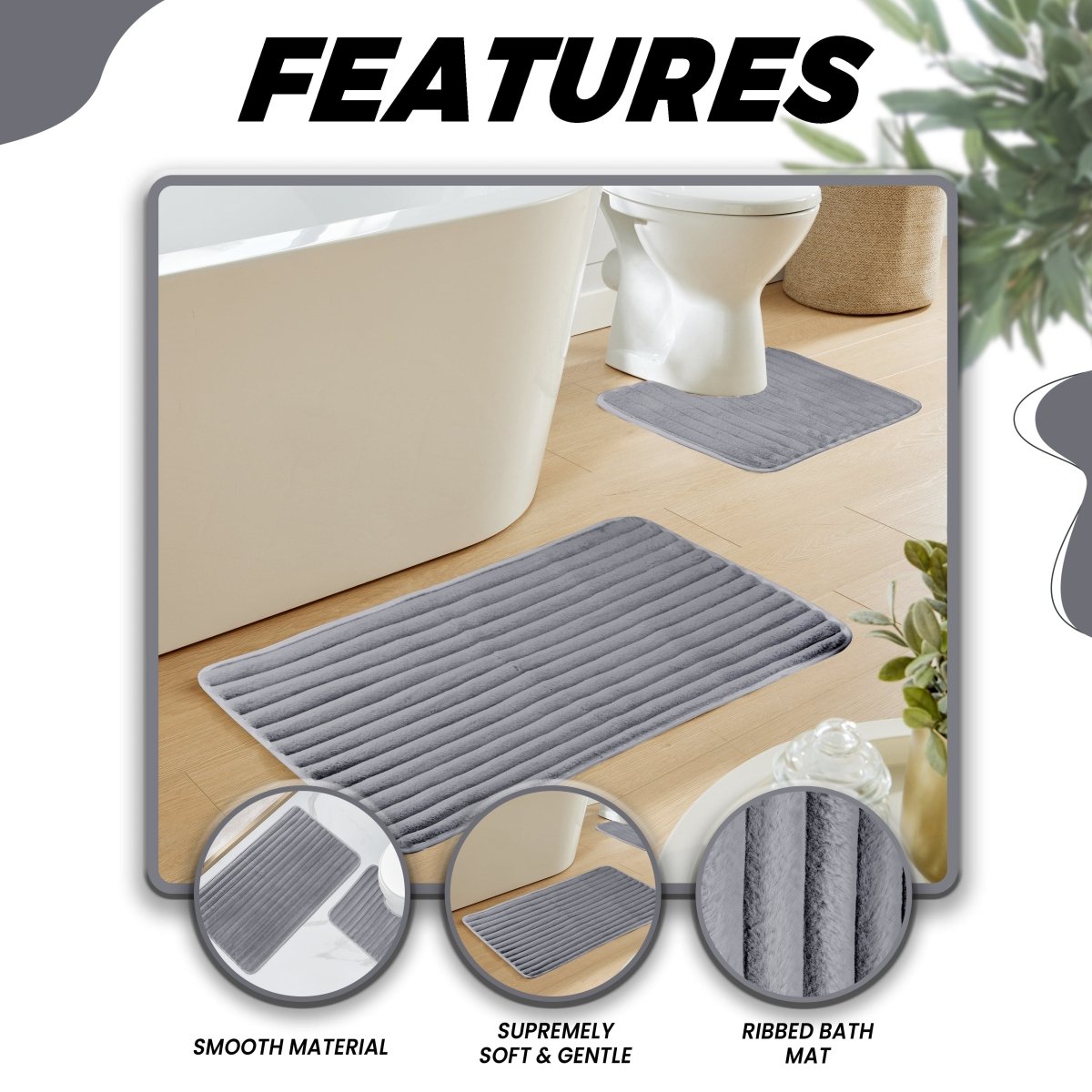 OLIVIA ROCCO 2 Piece Ribbed Bath Mat Set Charcoal Extra Soft Non Slip Super Absorbent - Joe’s Haven