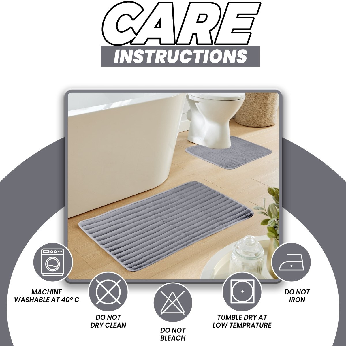 OLIVIA ROCCO 2 Piece Ribbed Bath Mat Set Charcoal Extra Soft Non Slip Super Absorbent - Joe’s Haven