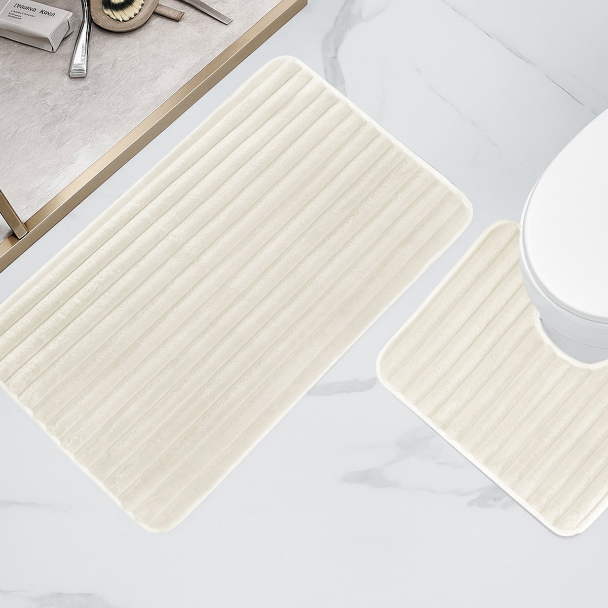 OLIVIA ROCCO 2 Piece Ribbed Bath Mat Set Cream Extra Soft Non Slip Super Absorbent Easy - Joe’s Haven