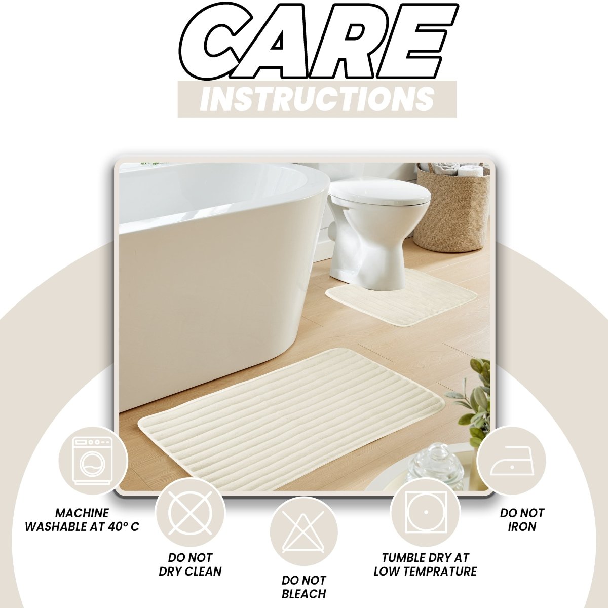 OLIVIA ROCCO 2 Piece Ribbed Bath Mat Set Cream Extra Soft Non Slip Super Absorbent Easy - Joe’s Haven