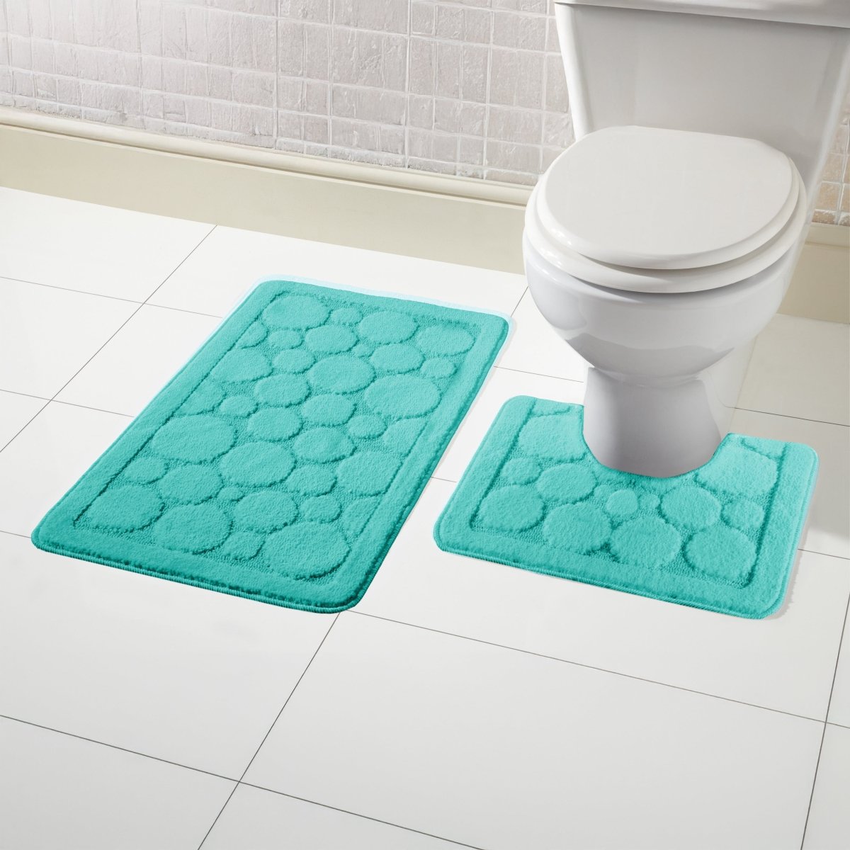 OLIVIA ROCCO Cali Bubbles 2 Piece Duck Egg Bath Mat and Pedestal Set Non Slip Super Soft Easy - Care Home Essential - Joe’s Haven