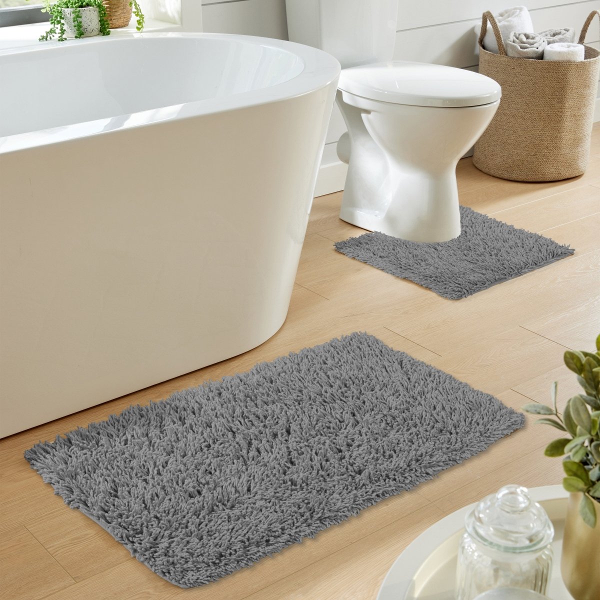 OLIVIA ROCCO Como 2 Piece Grey Bath Mat And Pedestal Set Non - Slip Super Absorbent Cotton Easy - Care Hotel - Quality Textile - Joe’s Haven