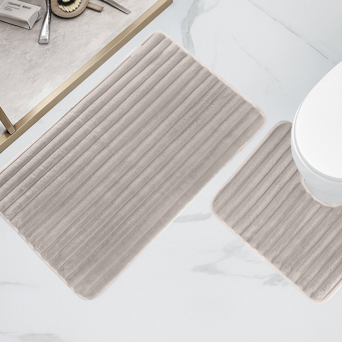 OLIVIA ROCCO 2 Piece Ribbed Bath Mat Set Natural Extra Soft Non Slip Super Absorbent Easy - Joe’s Haven
