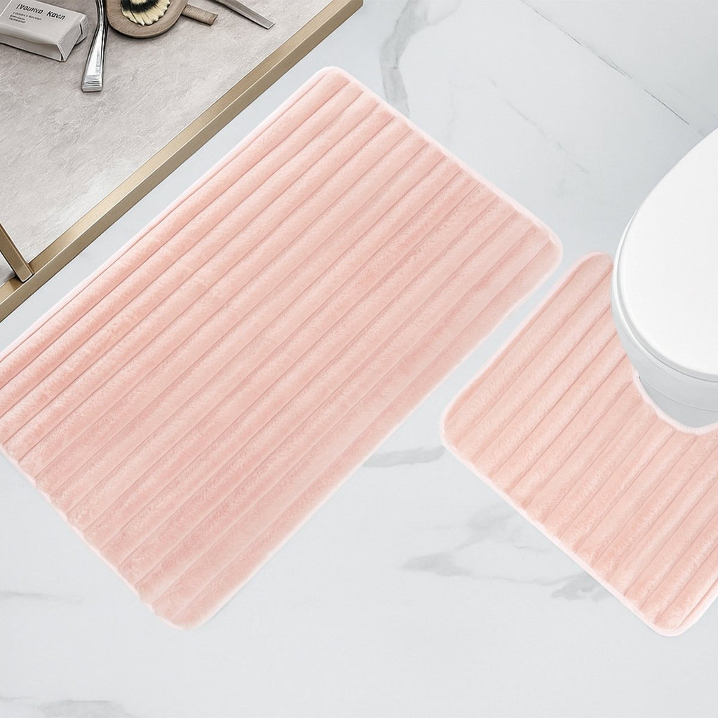 OLIVIA ROCCO 2 Piece Ribbed Bath Mat Set Pink Extra Soft Non Slip Super Absorbent - Joe’s Haven