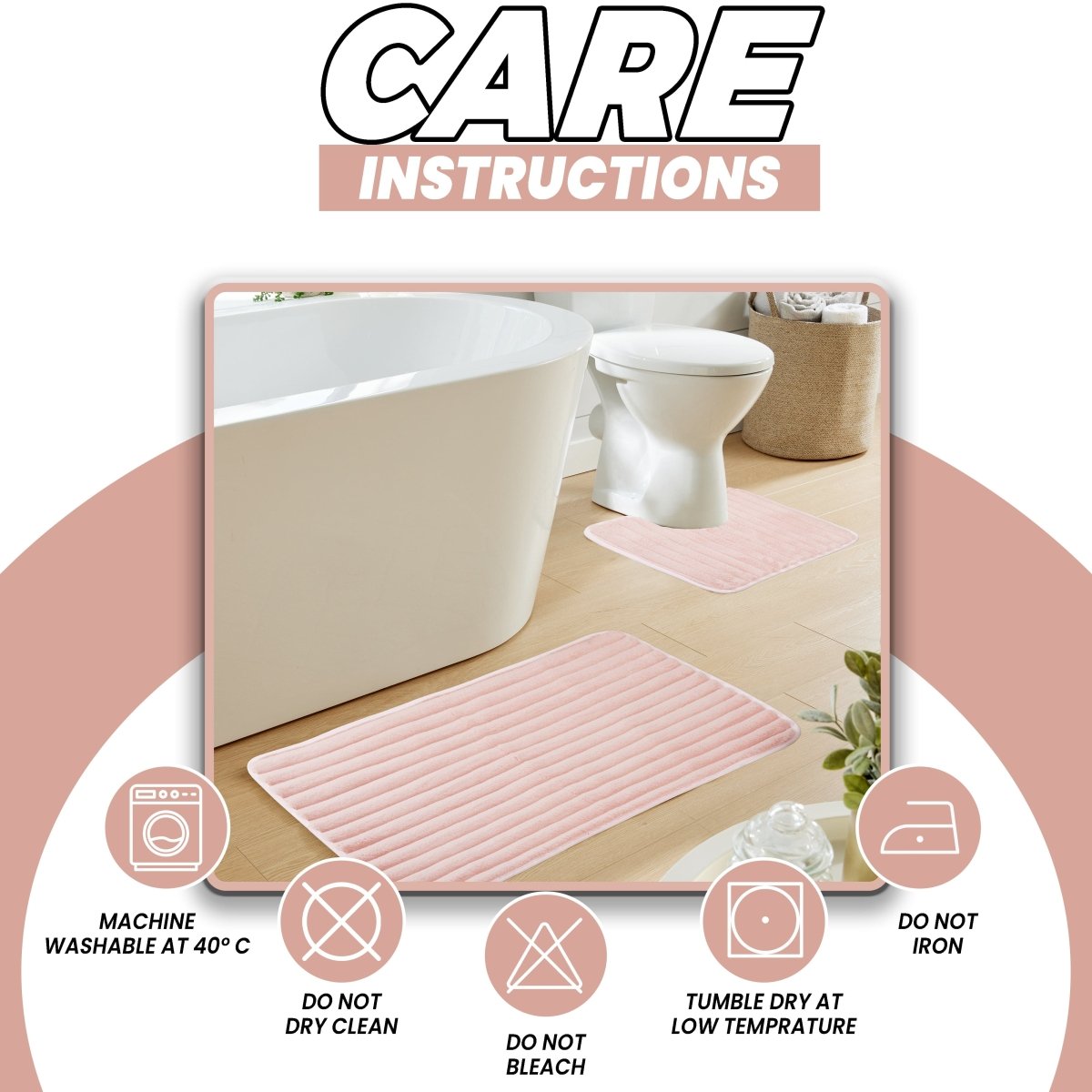 OLIVIA ROCCO 2 Piece Ribbed Bath Mat Set Pink Extra Soft Non Slip Super Absorbent - Joe’s Haven