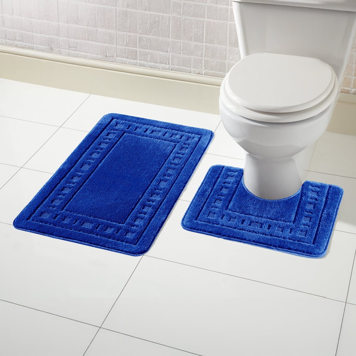 OLIVIA ROCCO Miami 2 Piece Royal Blue Bath Mat and Pedestal Set Non Slip Soft Absorbent - Joe’s Haven