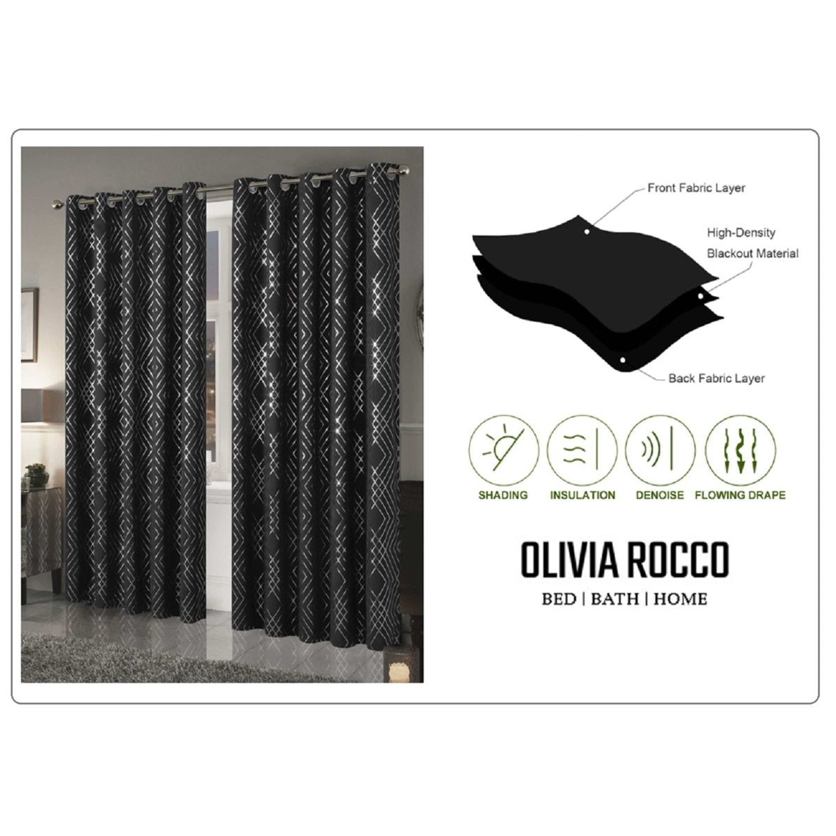 OLIVIA ROCCO Geometric Sparkle Blackout Curtains Black Thermal Insulated Eyelet Ring Top - Joe’s Haven