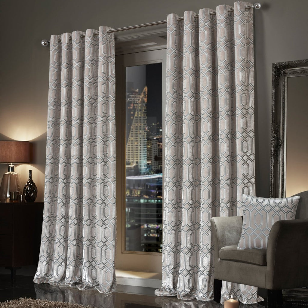OLIVIA ROCCO Luxe Geo Velvet Eyelet Curtains Champagne Thermal Insulated Soundproof - Joe’s Haven