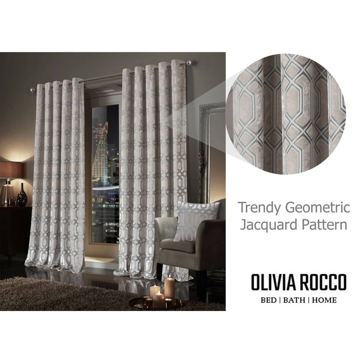 OLIVIA ROCCO Luxe Geo Velvet Eyelet Curtains Champagne Thermal Insulated Soundproof - Joe’s Haven