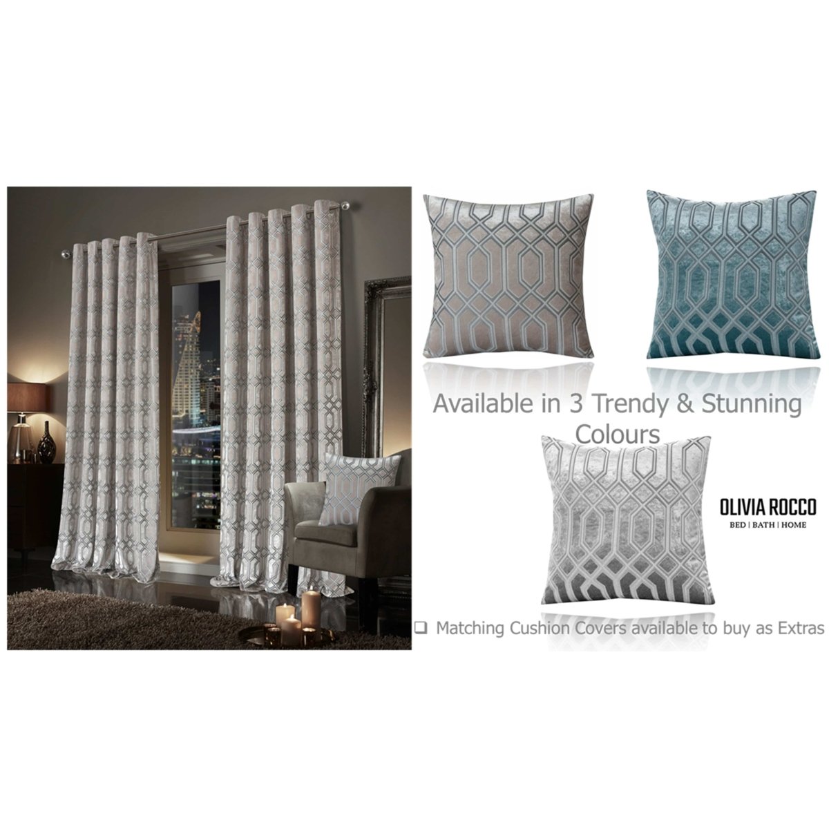 OLIVIA ROCCO Luxe Geo Velvet Eyelet Curtains Champagne Thermal Insulated Soundproof - Joe’s Haven
