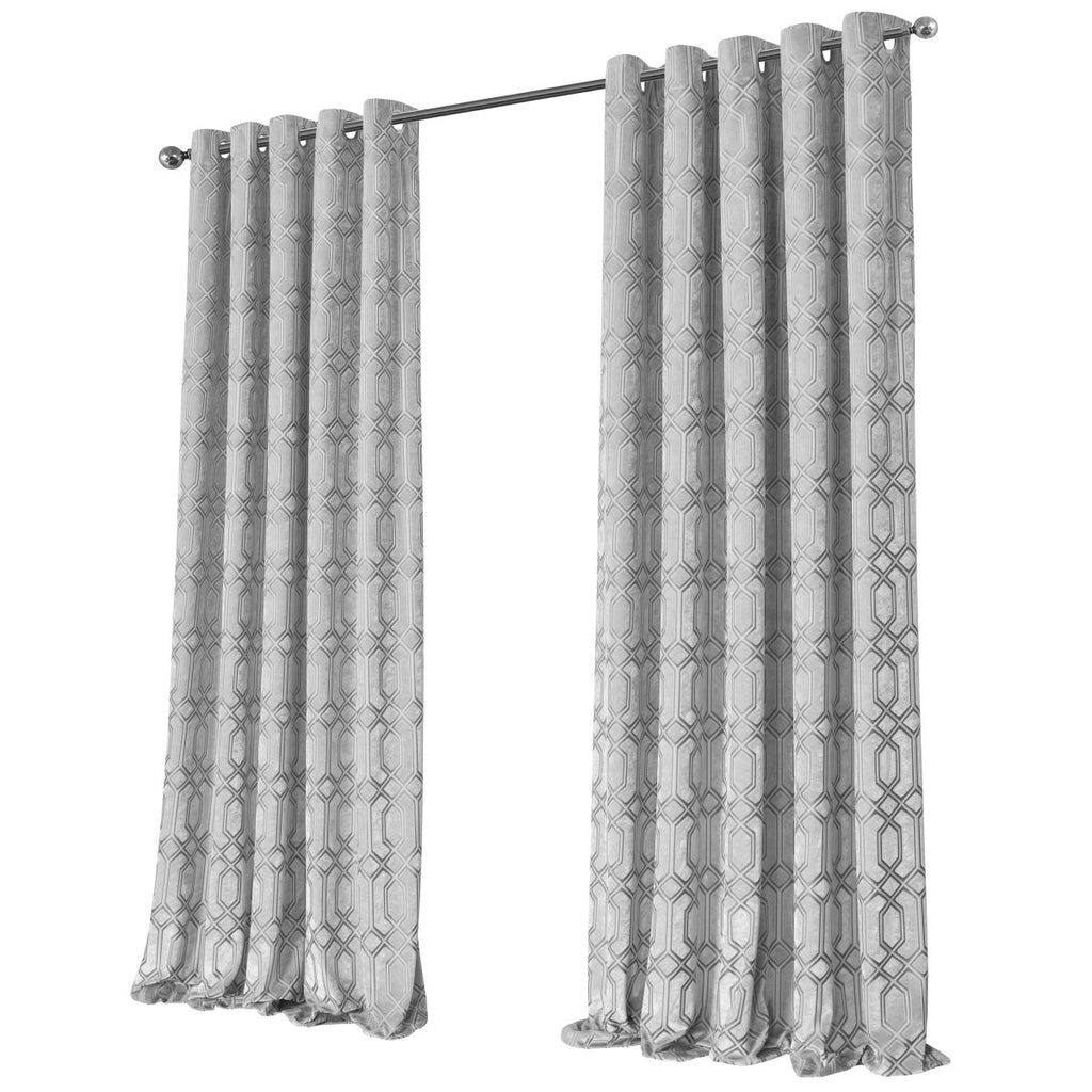 OLIVIA ROCCO Luxe Geo Velvet Eyelet Curtains Grey Thermal Insulated Soundproof Easy - Fit Ready Made Window Pair - Joe’s Haven
