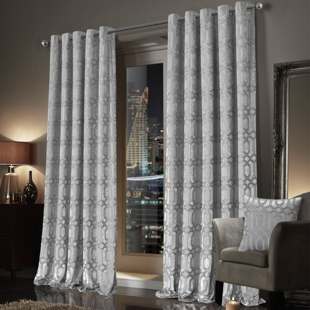 OLIVIA ROCCO Luxe Geo Velvet Eyelet Curtains Grey Thermal Insulated Soundproof Easy - Fit Ready Made Window Pair - Joe’s Haven