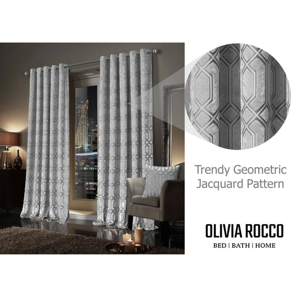 OLIVIA ROCCO Luxe Geo Velvet Eyelet Curtains Grey Thermal Insulated Soundproof Easy - Fit Ready Made Window Pair - Joe’s Haven