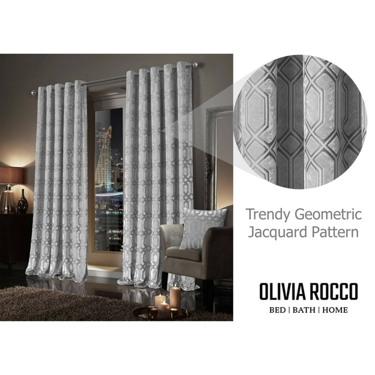 OLIVIA ROCCO Luxe Geo Velvet Eyelet Curtains Grey Thermal Insulated Soundproof Easy - Fit Ready Made Window Pair - Joe’s Haven