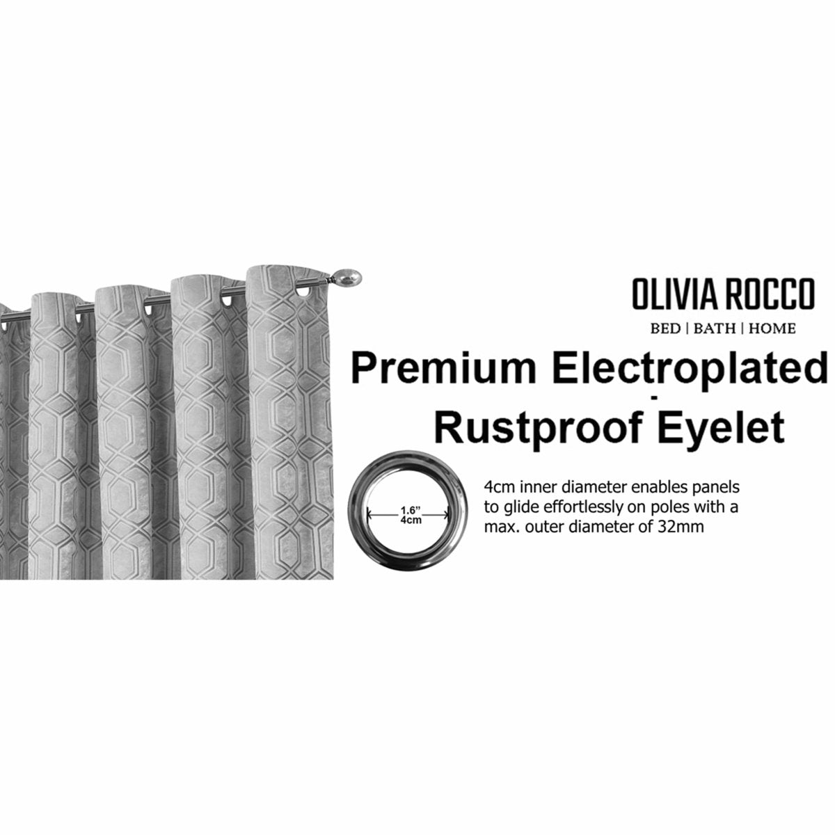 OLIVIA ROCCO Luxe Geo Velvet Eyelet Curtains Grey Thermal Insulated Soundproof Easy - Fit Ready Made Window Pair - Joe’s Haven