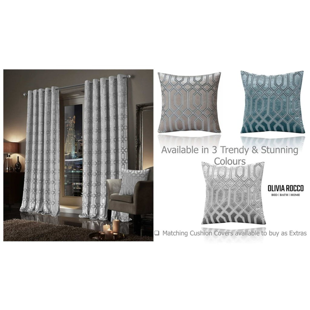 OLIVIA ROCCO Luxe Geo Velvet Eyelet Curtains Grey Thermal Insulated Soundproof Easy - Fit Ready Made Window Pair - Joe’s Haven