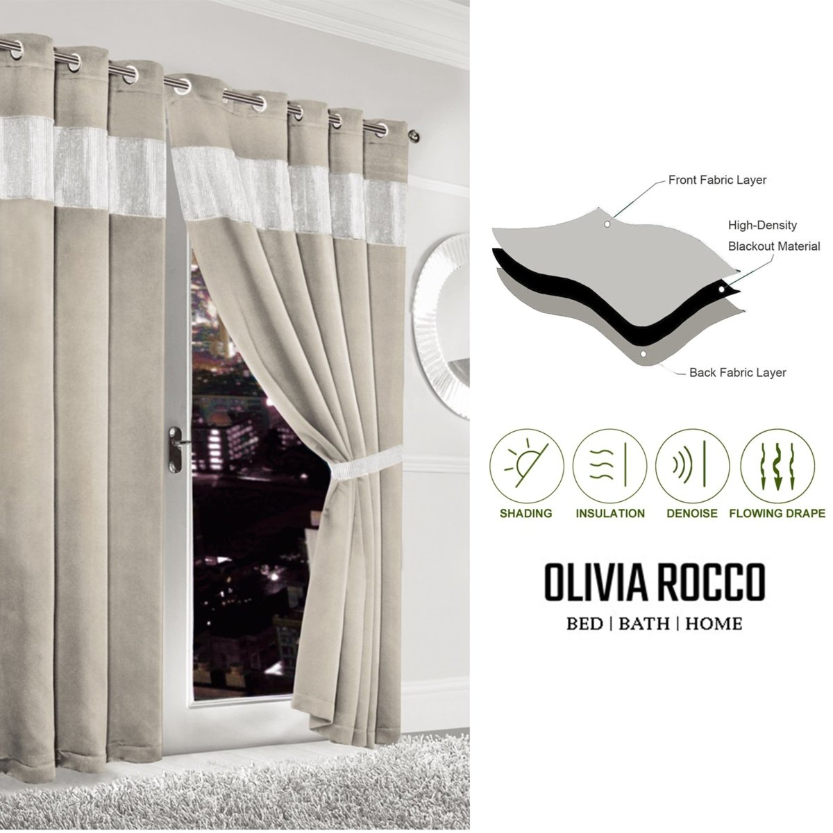 OLIVIA ROCCO Diamante Natural Blackout Eyelet Curtains With Tie Backs Thermal Ring Top - Joe’s Haven