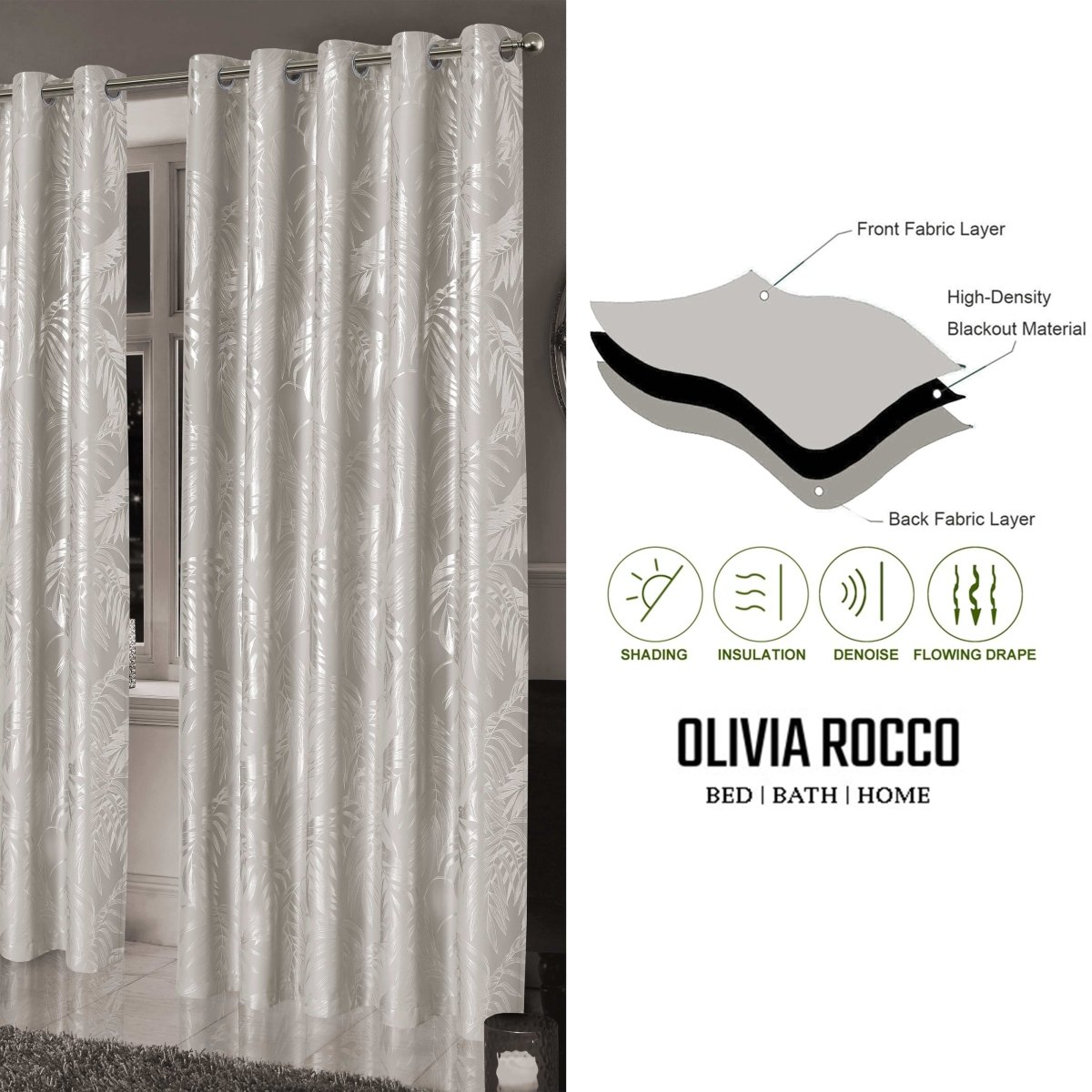 OLIVIA ROCCO Leaf Natural Sparkle Blackout Curtains Super Soft Thermal Insulated Eyelet - Joe’s Haven
