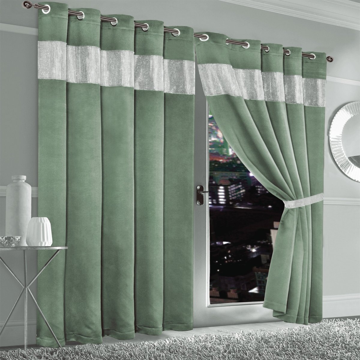 OLIVIA ROCCO Diamante Sage Green Blackout Eyelet Curtains With Tie Backs Thermal Ring Top - Joe’s Haven