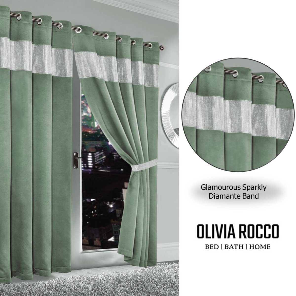 OLIVIA ROCCO Diamante Sage Green Blackout Eyelet Curtains With Tie Backs Thermal Ring Top - Joe’s Haven