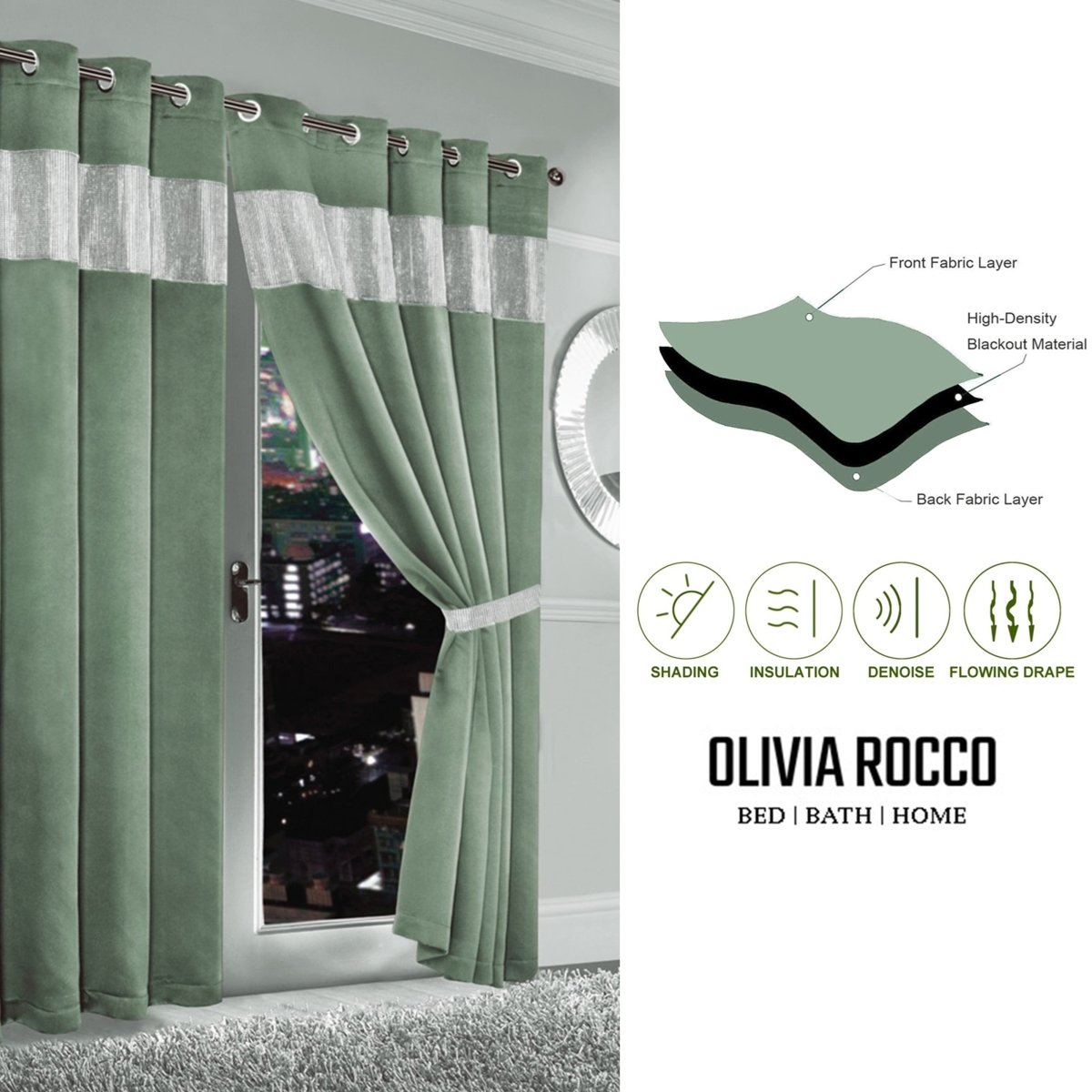 OLIVIA ROCCO Diamante Sage Green Blackout Eyelet Curtains With Tie Backs Thermal Ring Top - Joe’s Haven