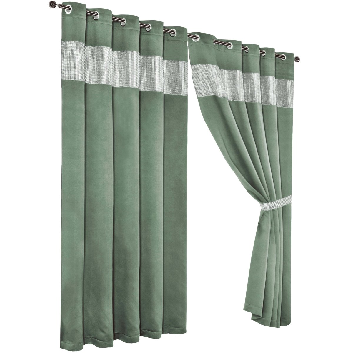 OLIVIA ROCCO Diamante Sage Green Blackout Eyelet Curtains With Tie Backs Thermal Ring Top - Joe’s Haven