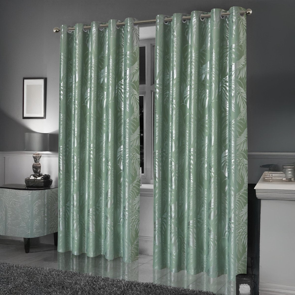 OLIVIA ROCCO Leaf Sage Green Sparkle Blackout Curtains With Thermal Insulation Eyelet - Joe’s Haven