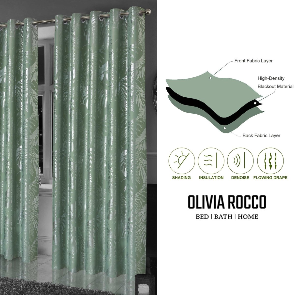 OLIVIA ROCCO Leaf Sage Green Sparkle Blackout Curtains With Thermal Insulation Eyelet - Joe’s Haven