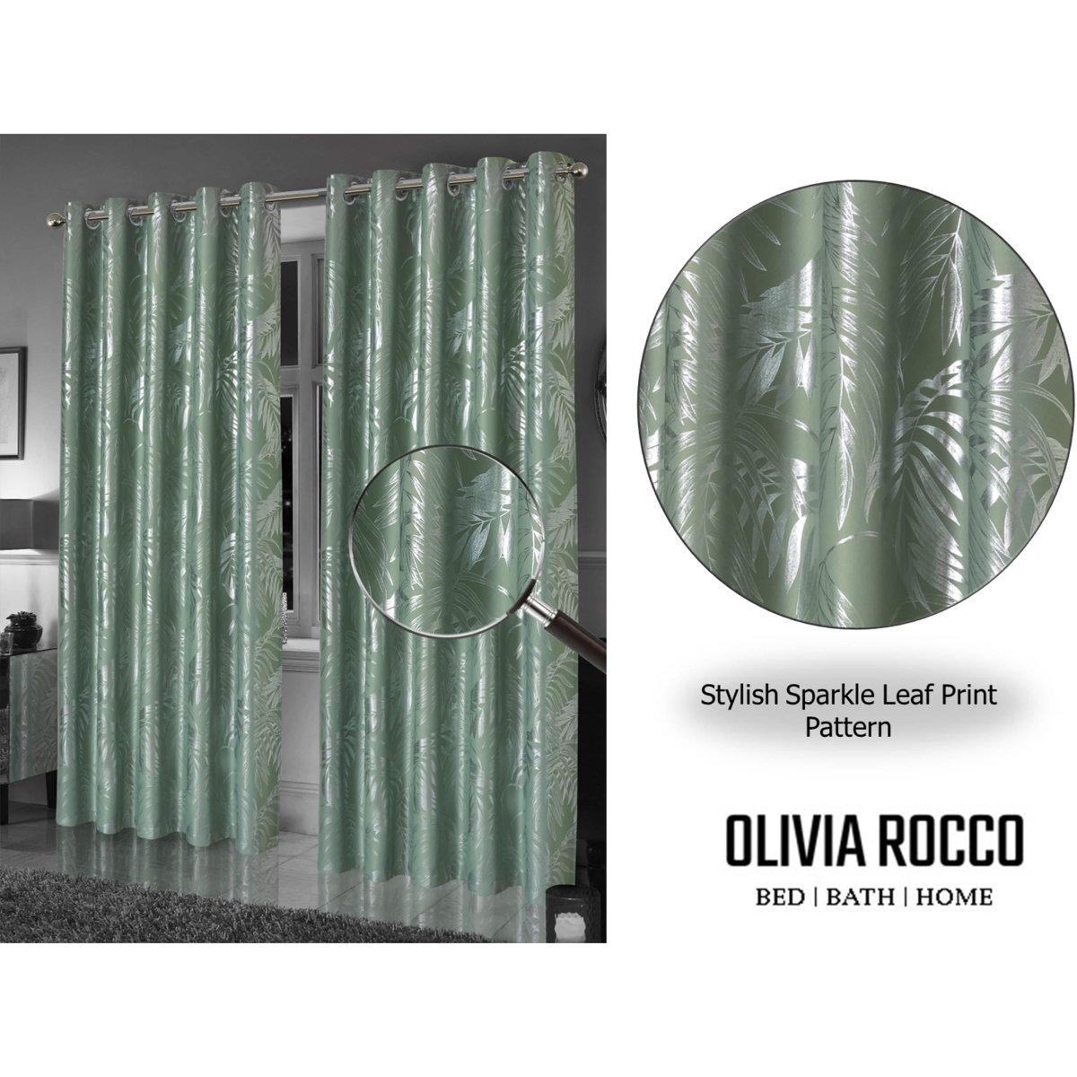OLIVIA ROCCO Leaf Sage Green Sparkle Blackout Curtains With Thermal Insulation Eyelet - Joe’s Haven