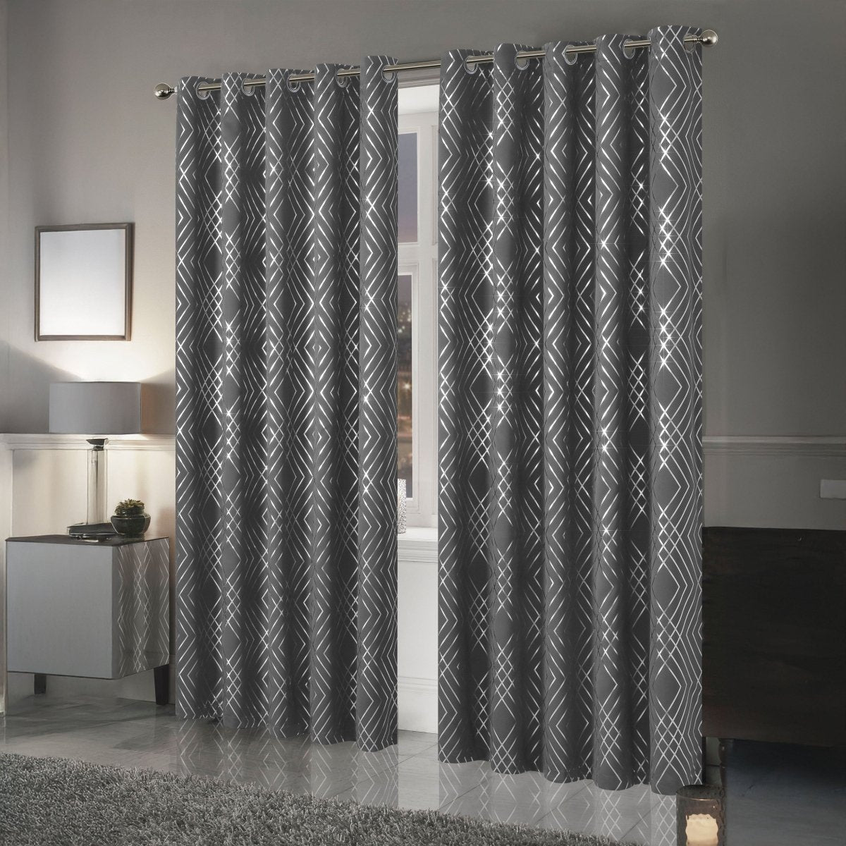 OLIVIA ROCCO Geometric Sparkle Blackout Curtains Silver Eyelet Ring Top Soft Thermal - Joe’s Haven