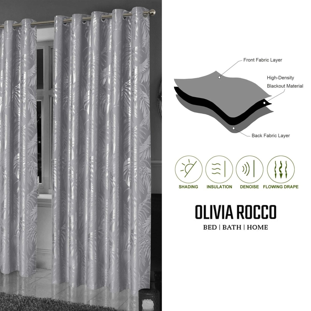 OLIVIA ROCCO Leaf Silver Sparkle Blackout Curtains Super Soft Thermal Insulated Eyelet - Joe’s Haven