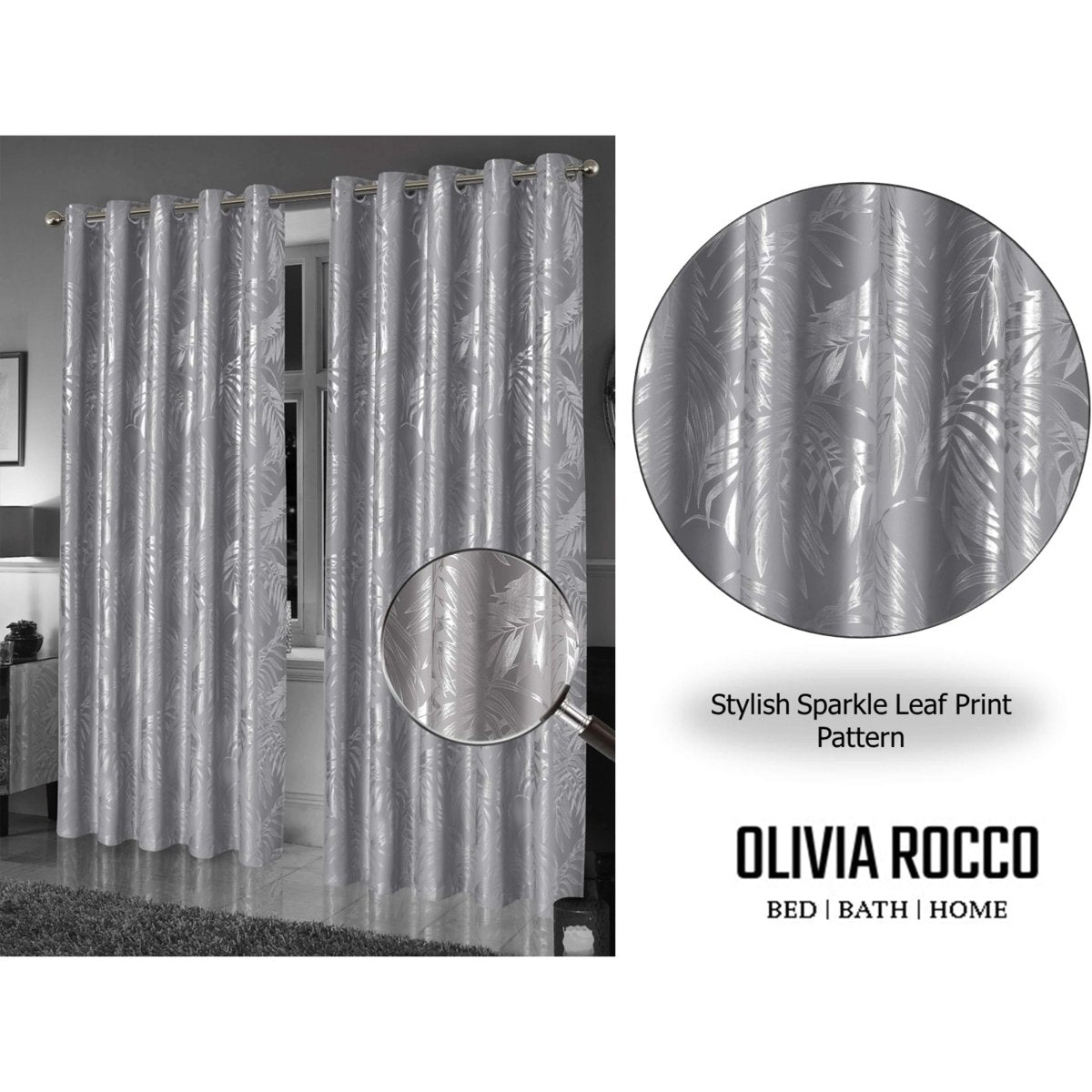 OLIVIA ROCCO Leaf Silver Sparkle Blackout Curtains Super Soft Thermal Insulated Eyelet - Joe’s Haven