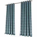 OLIVIA ROCCO Luxe Geo Velvet Eyelet Curtains Teal Thermal Insulated Soundproof Ready Made Hotel - Style Pair - Joe’s Haven