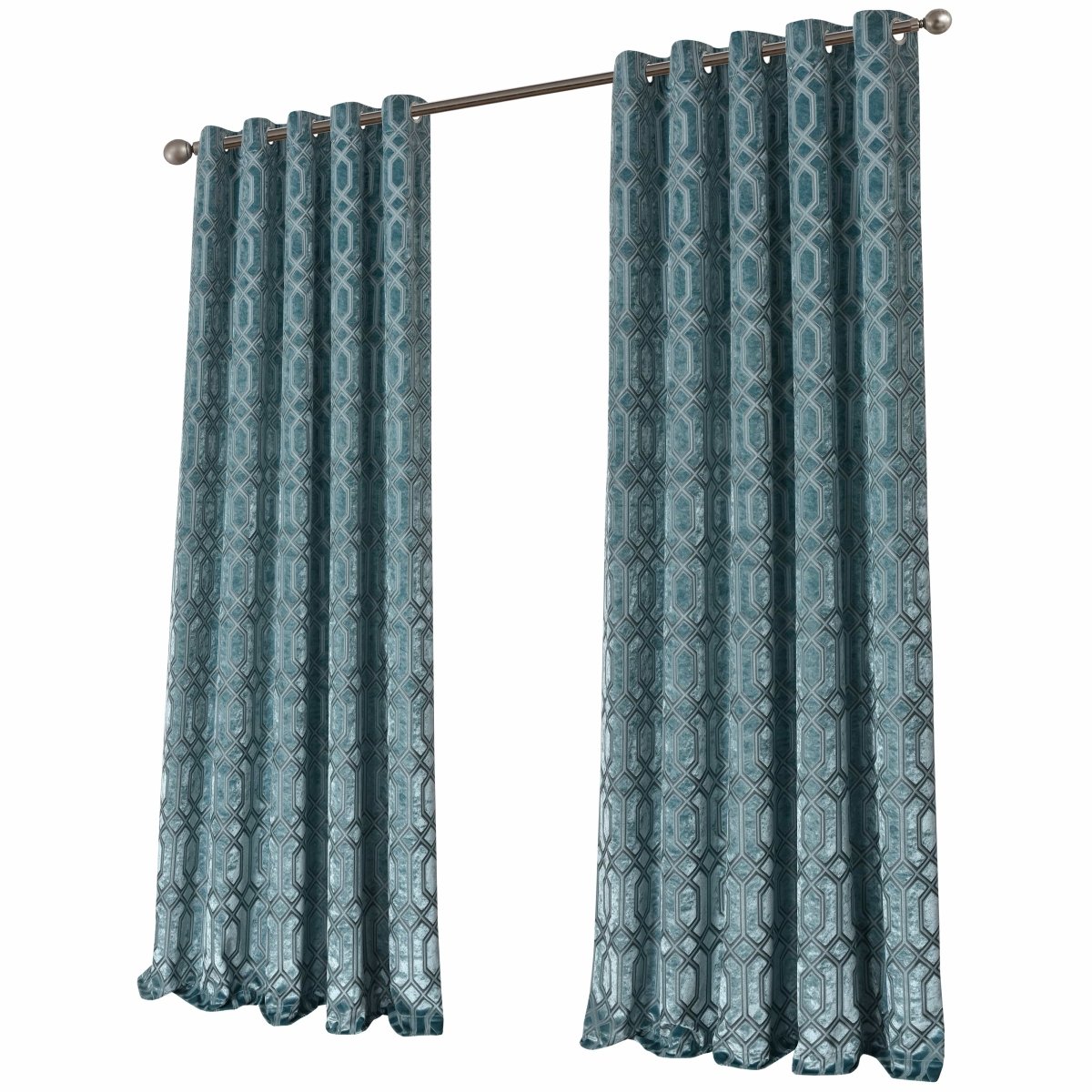 OLIVIA ROCCO Luxe Geo Velvet Eyelet Curtains Teal Thermal Insulated Soundproof Ready Made Hotel - Style Pair - Joe’s Haven