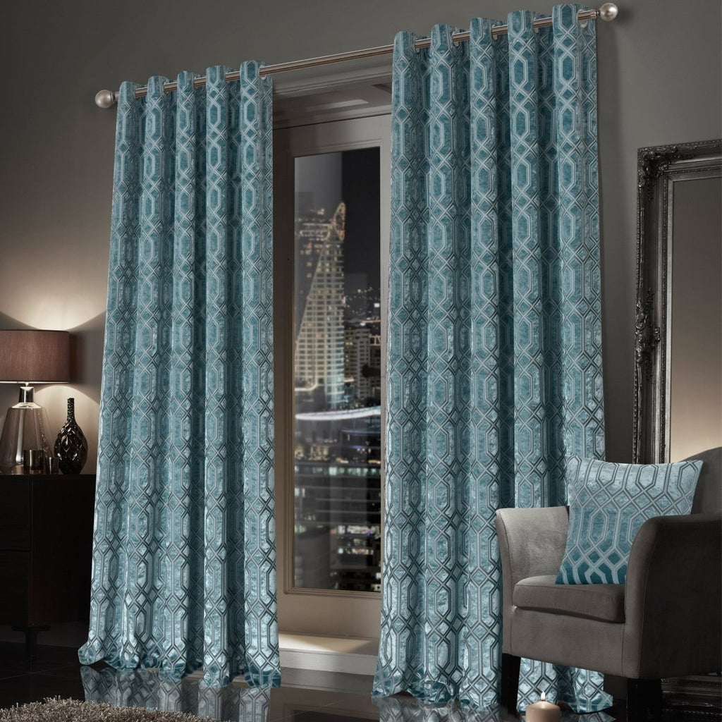 OLIVIA ROCCO Luxe Geo Velvet Eyelet Curtains Teal Thermal Insulated Soundproof Ready Made Hotel - Style Pair - Joe’s Haven