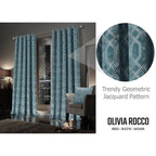 OLIVIA ROCCO Luxe Geo Velvet Eyelet Curtains Teal Thermal Insulated Soundproof Ready Made Hotel - Style Pair - Joe’s Haven