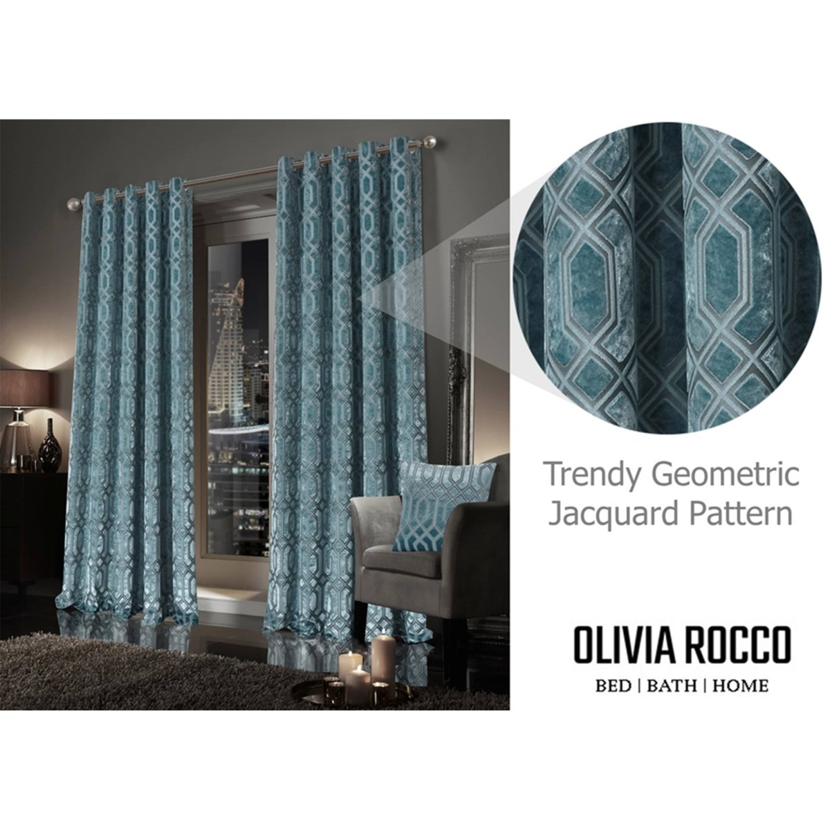 OLIVIA ROCCO Luxe Geo Velvet Eyelet Curtains Teal Thermal Insulated Soundproof Ready Made Hotel - Style Pair - Joe’s Haven
