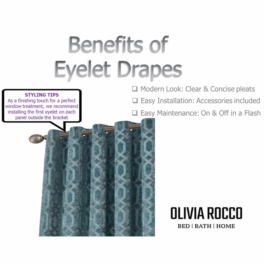 OLIVIA ROCCO Luxe Geo Velvet Eyelet Curtains Teal Thermal Insulated Soundproof Ready Made Hotel - Style Pair - Joe’s Haven