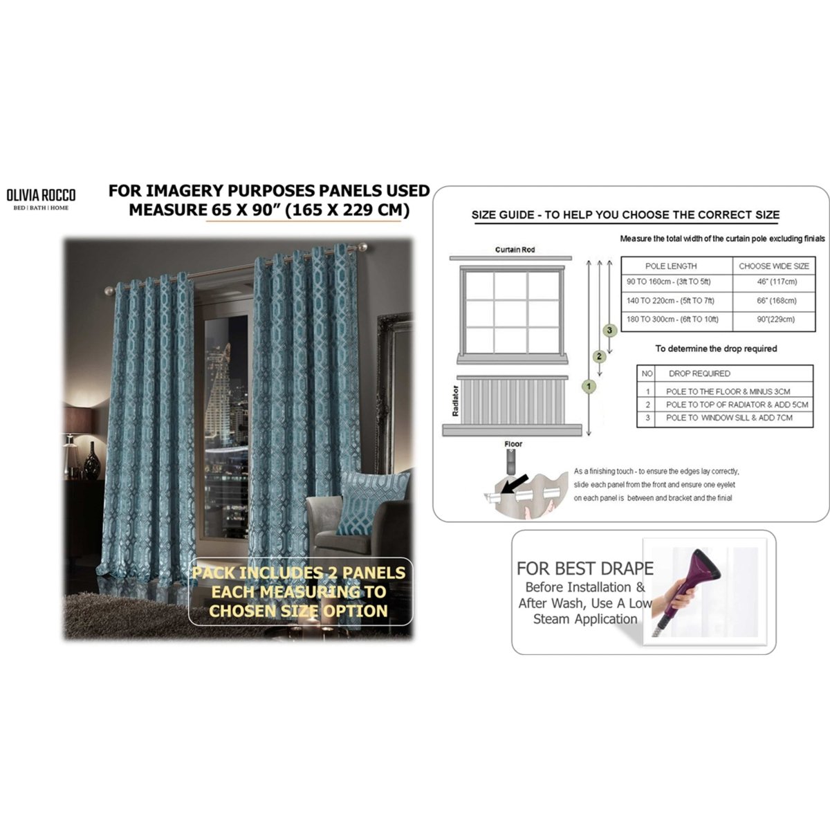 OLIVIA ROCCO Luxe Geo Velvet Eyelet Curtains Teal Thermal Insulated Soundproof Ready Made Hotel - Style Pair - Joe’s Haven