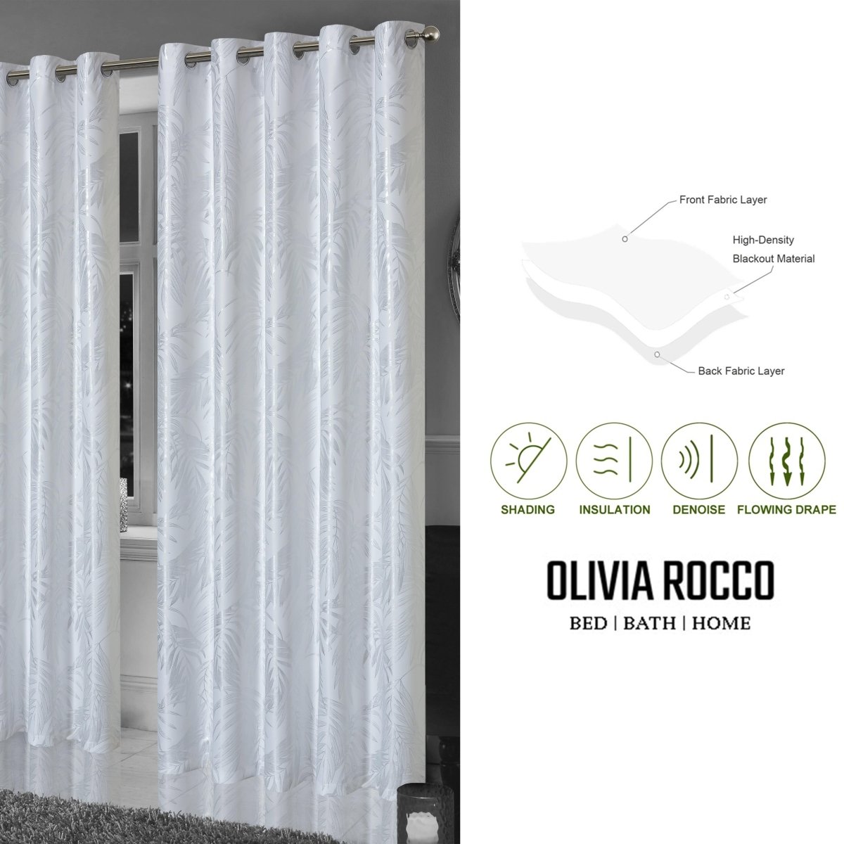 OLIVIA ROCCO Leaf White Sparkle Blackout Curtains Super Soft Fabric Thermal Insulated - Joe’s Haven