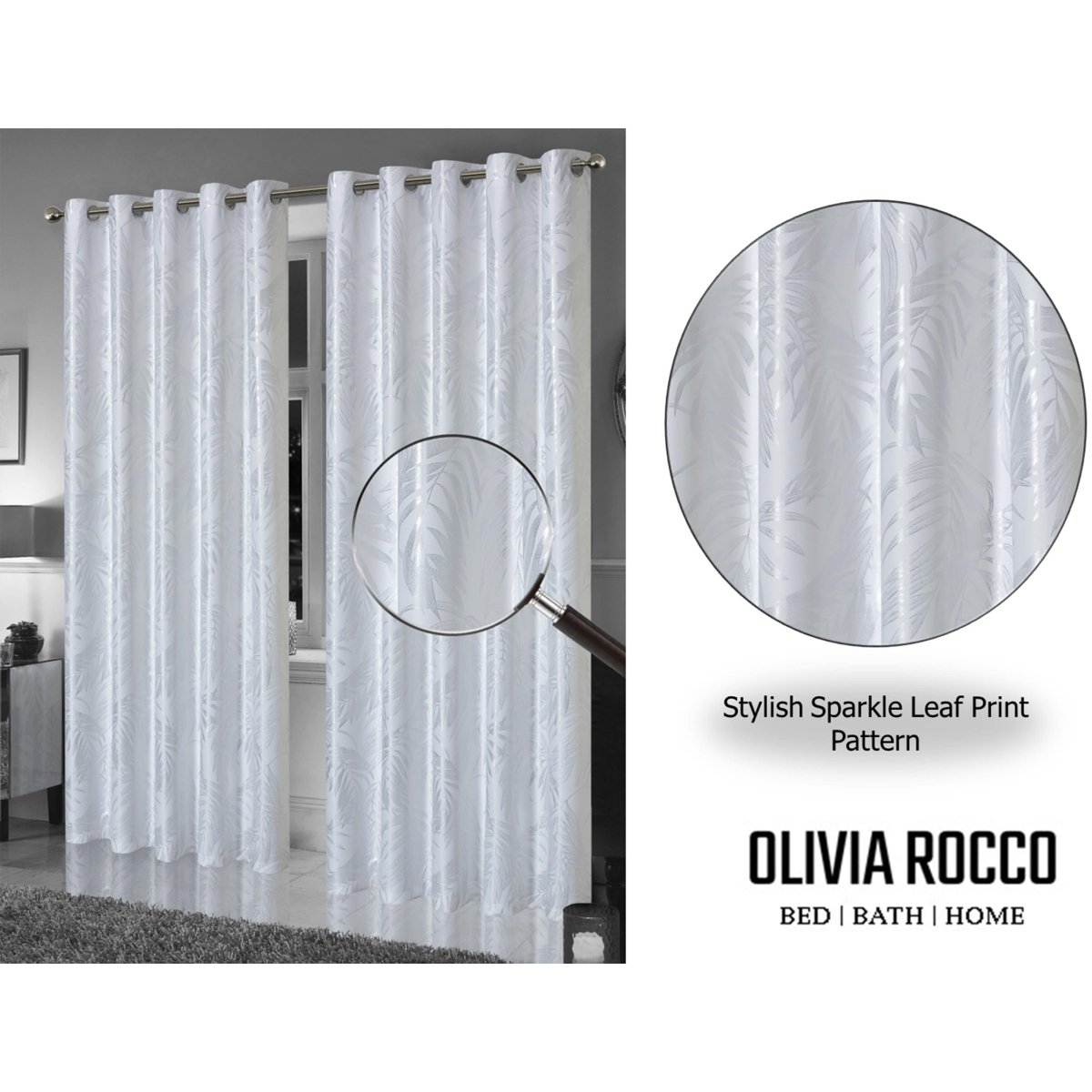 OLIVIA ROCCO Leaf White Sparkle Blackout Curtains Super Soft Fabric Thermal Insulated - Joe’s Haven