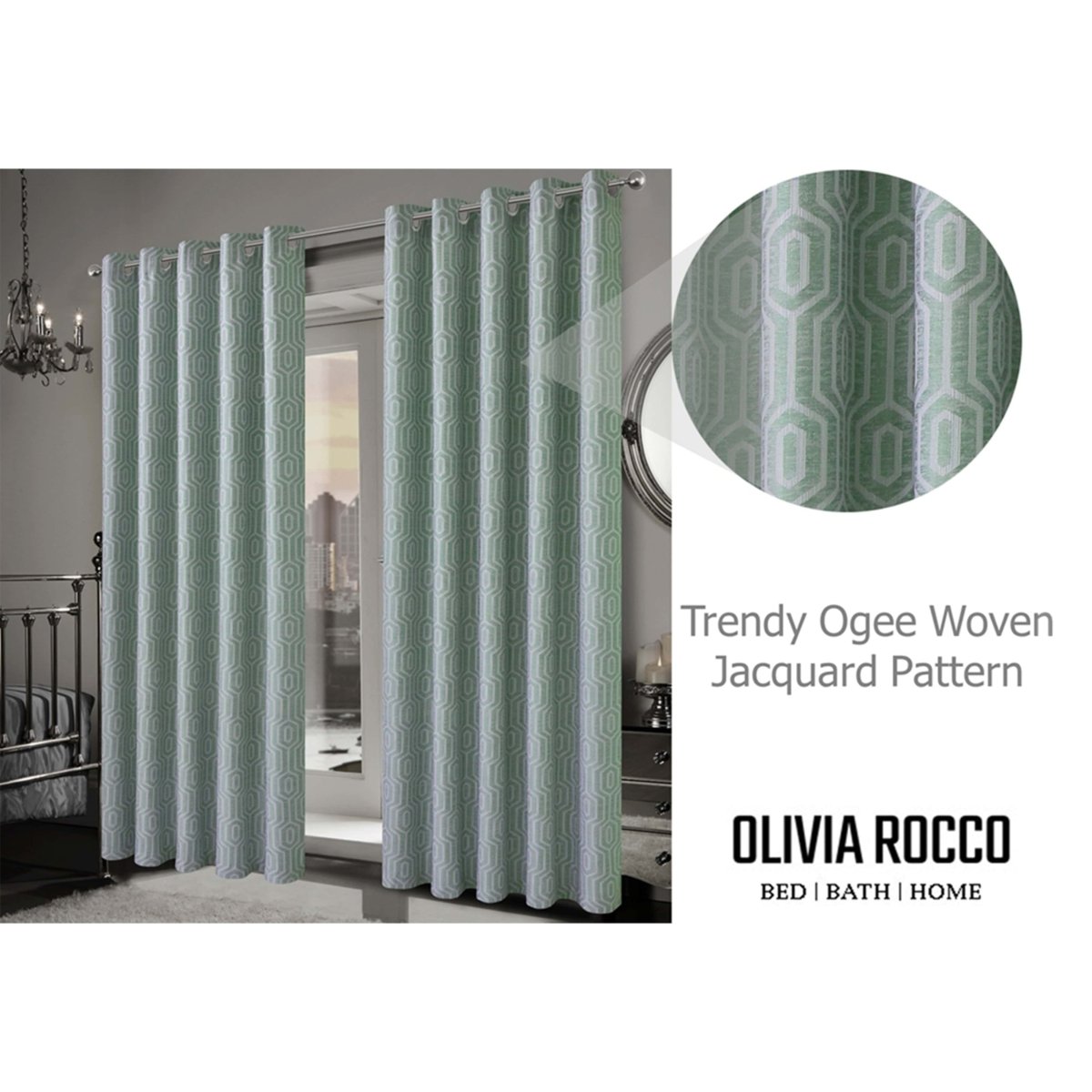OLIVIA ROCCO Paris Eyelet Jacquard Curtains Sage Green Geometric Pattern Thermal - Joe’s Haven