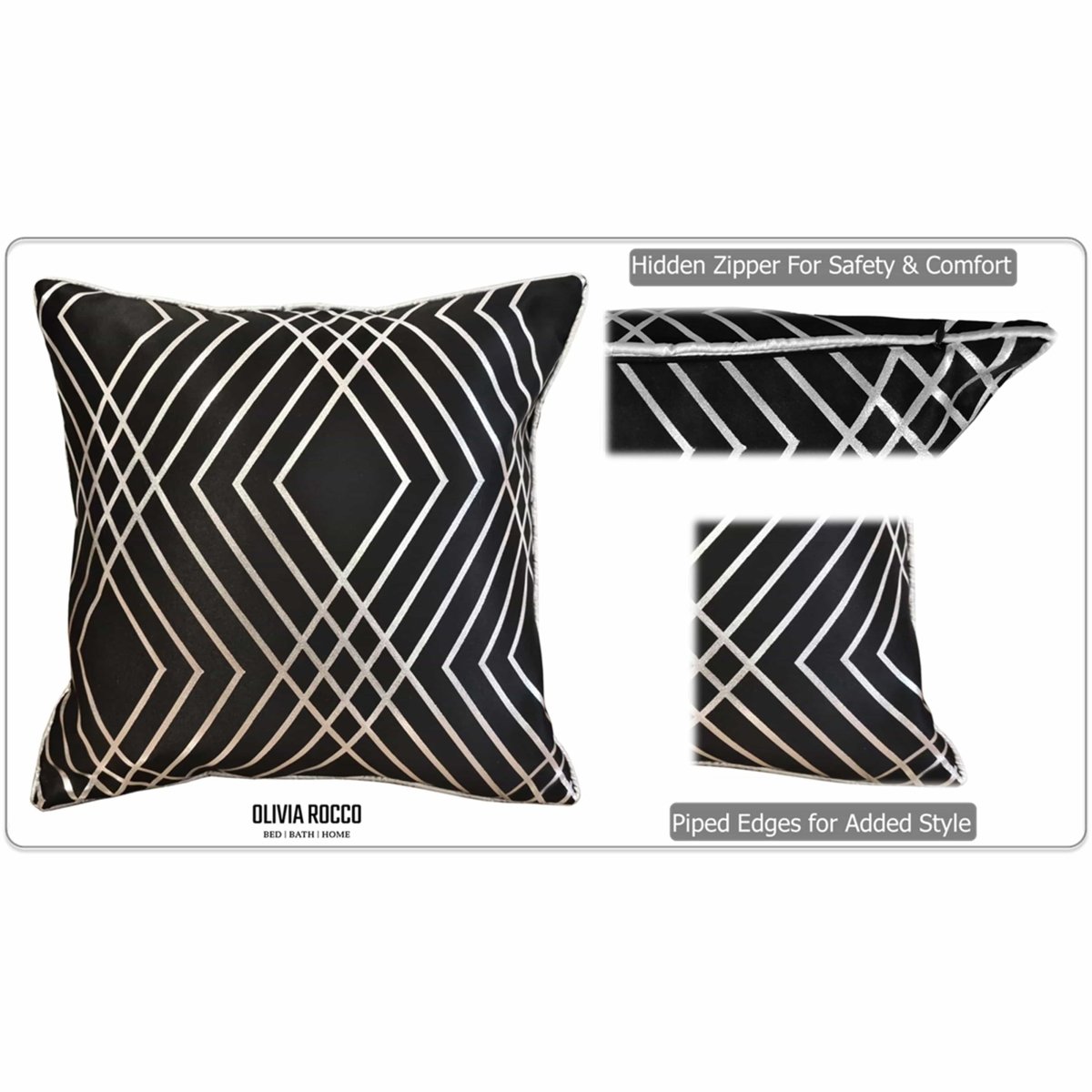 OLIVIA ROCCO Geo Sparkle Cushion Covers 2 Pack Geometric Decorative Pillow Cases Black Hotel - Style Sofa or Bed Accent - Joe’s Haven