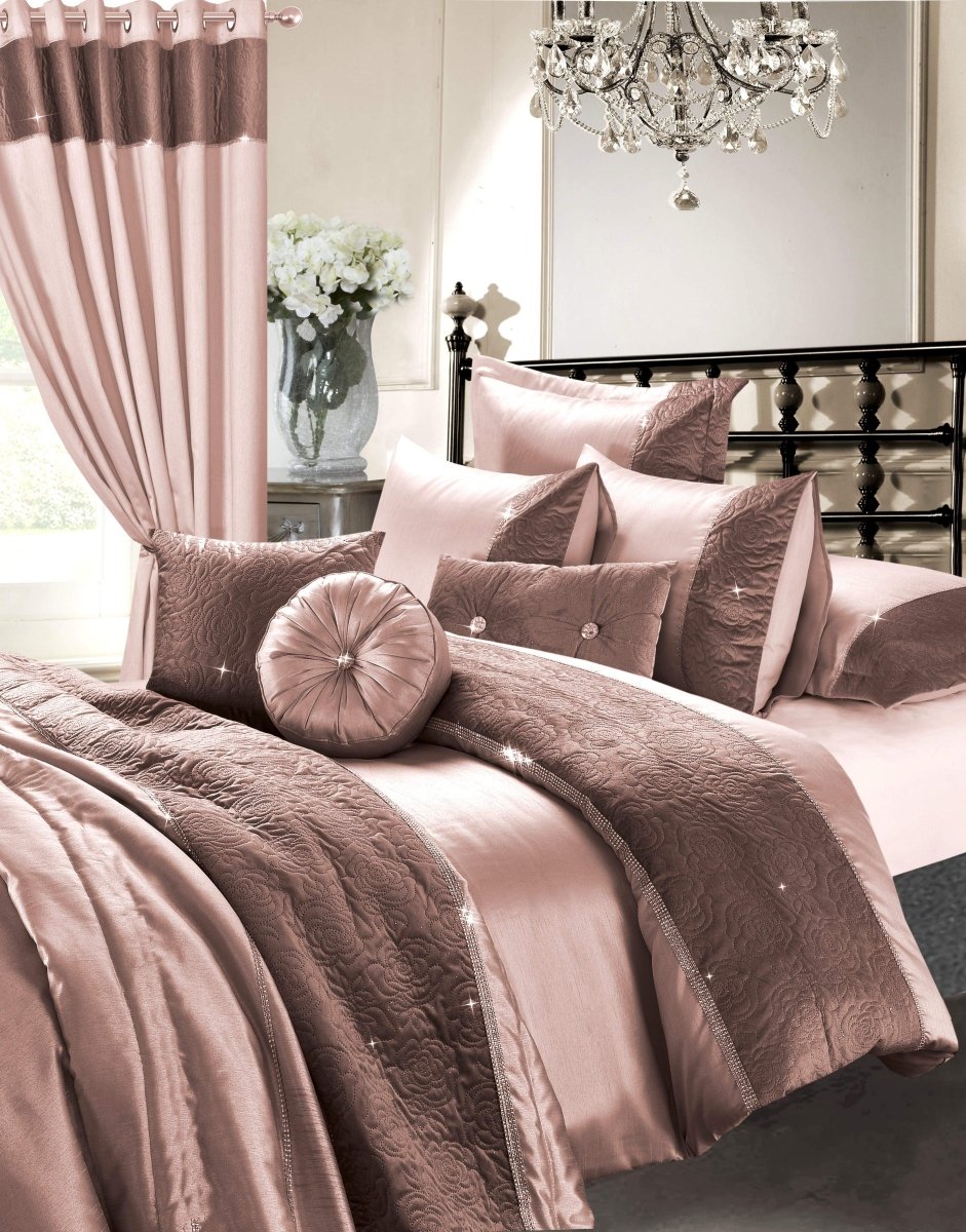 OLIVIA ROCCO Zina 7 Piece Rose Gold Duvet Set With Quilted Trim And Diamante Detailing - Joe’s Haven