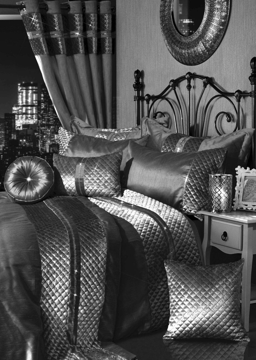 OLIVIA ROCCO Kylie Duvet Set Charcoal Gold Velvet Bedding With Quilted Trim Diamante - Joe’s Haven