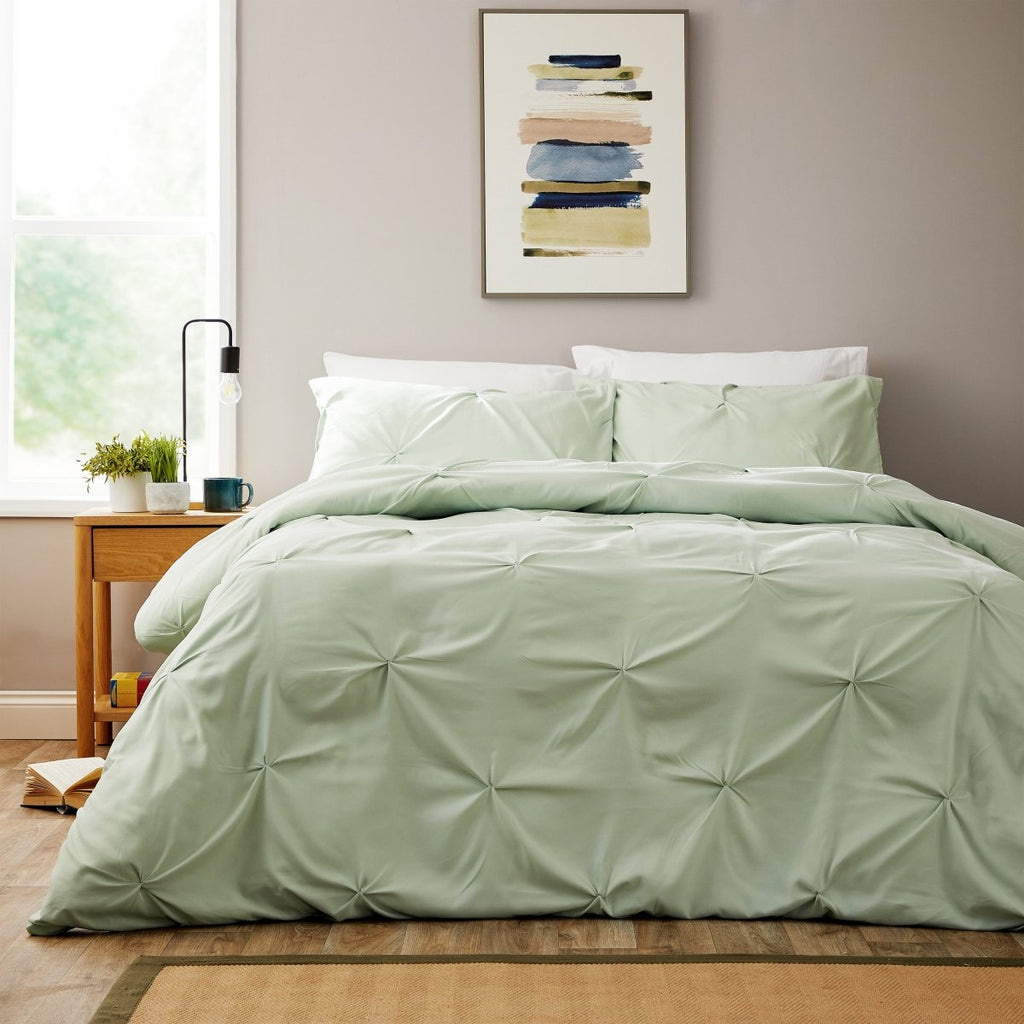 OLIVIA ROCCO Pintuck Sage Green Microfibre Duvet Cover Set With Pillowcases Easy Care - Joe’s Haven